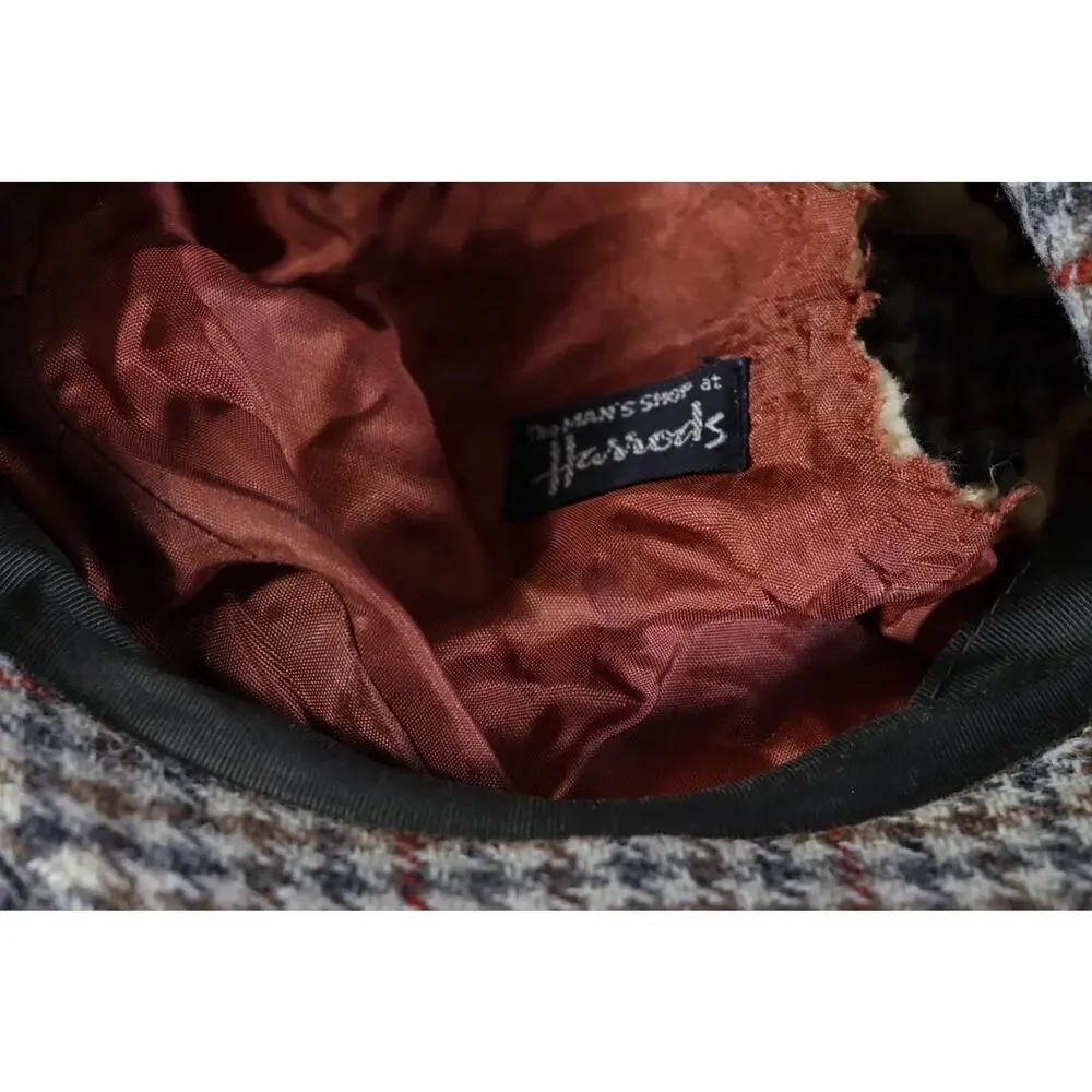 Vintage Harrods Mens Wool Ear Flap Trapper Rare Hat Houndstooth Plaid Sz 7 1/8 M
